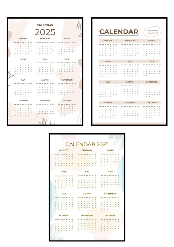 2025 Calendar – Printable 3-Style Bundle (8.5x11 inches / 21.6x27.9 cm) | Clean Minimalist Monthly Layouts | 12-Month View for Home, School, or Office | Instant Digital Download - Image 2